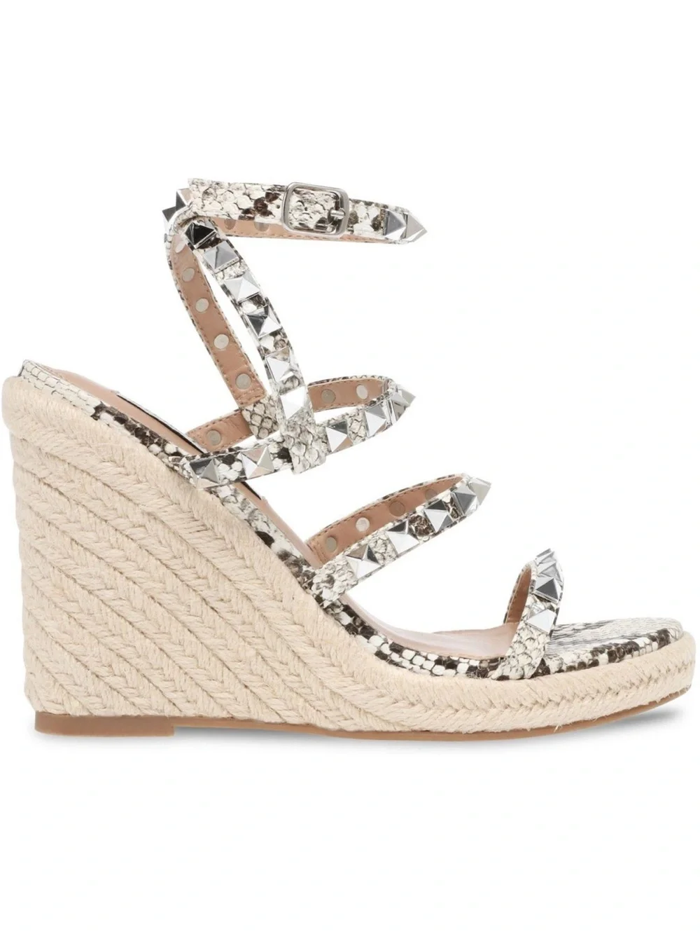 Steve Madden Maci Silver Studded Espadrille Wedge Sandals w/ Snake-Print Straps